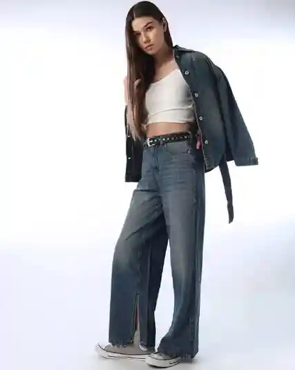 Slit Detail Wide Leg Jeans